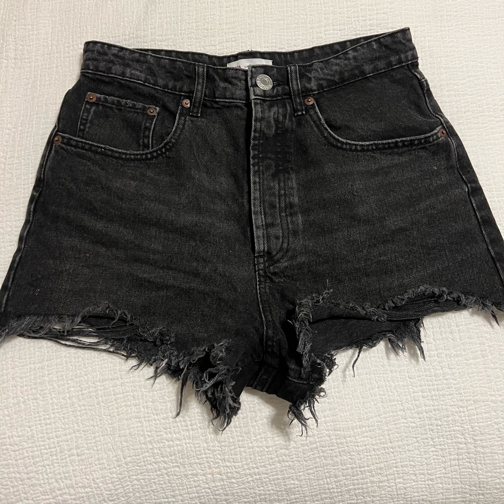 Zara Black Distressed High-Rise Denim Shorts